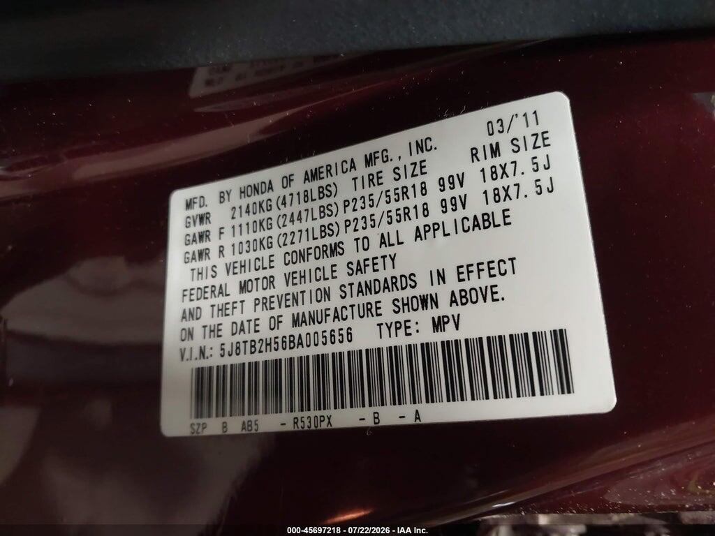 5J8TB2H56BA005656 2011 ACURA RDX photo no. 9