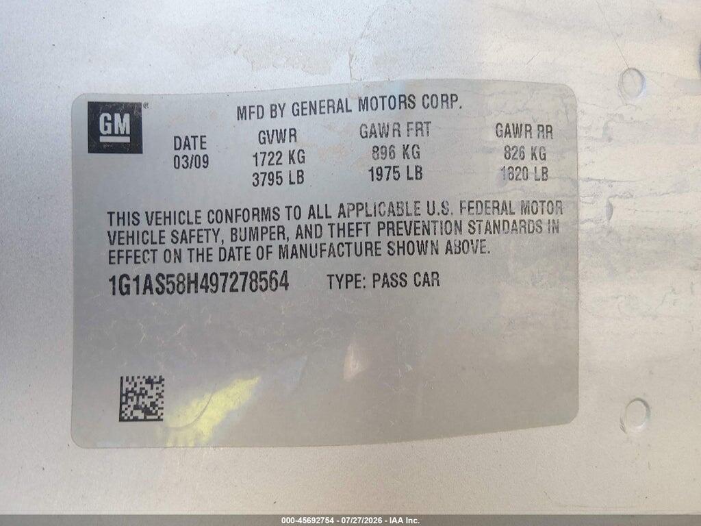 1G1AS58H497278564 2009 CHEVROLET COBALT photo no. 9