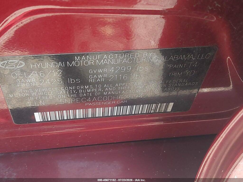 5NPEC4AC0DH625942 2013 HYUNDAI SONATA photo no. 9