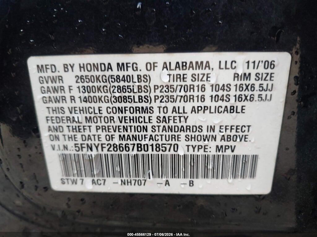 5FNYF28667B018570 2007 HONDA PILOT photo no. 9