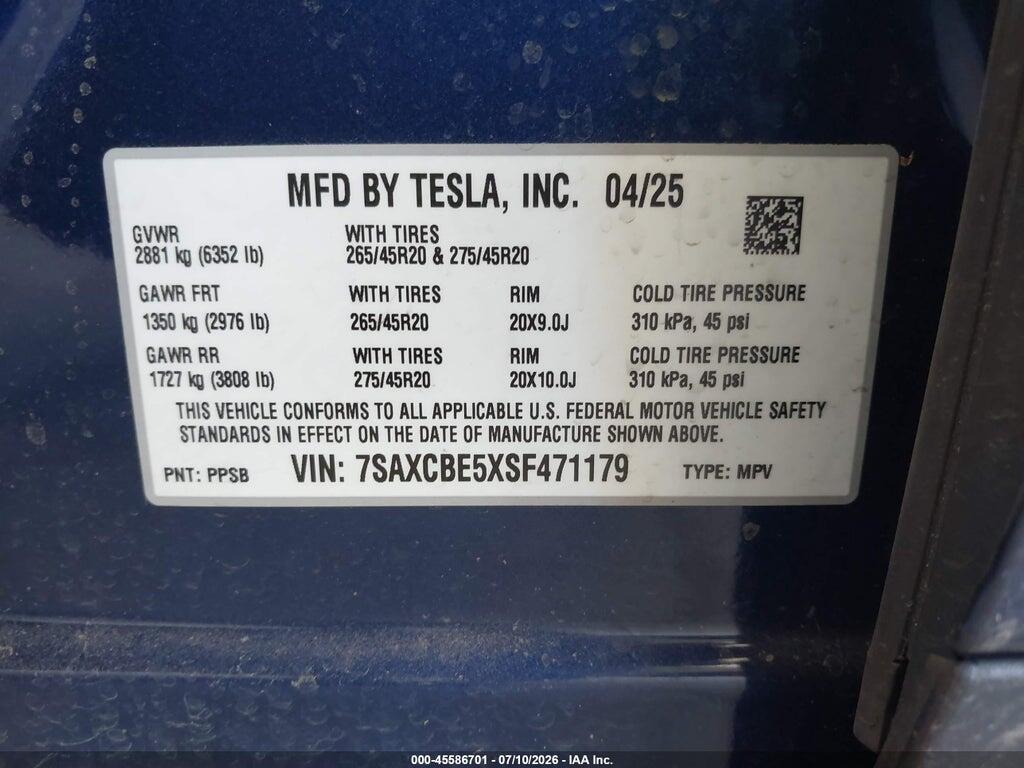 7SAXCBE5XSF471179 2025 TESLA MODEL X photo no. 9