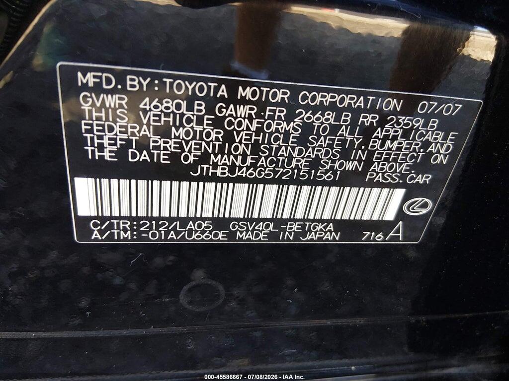 JTHBJ46G572151561 2007 LEXUS ES 350 photo no. 9