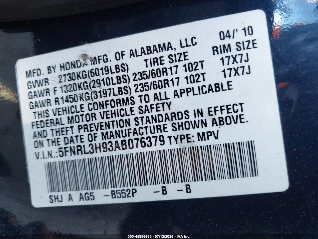 5FNRL3H93AB076379 2010 HONDA ODYSSEY photo no. 9