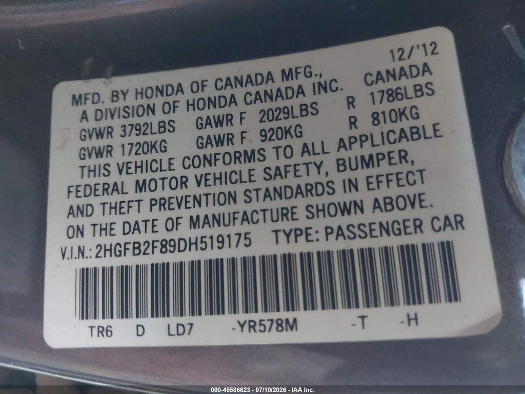 2HGFB2F89DH519175 2013 HONDA CIVIC photo no. 9