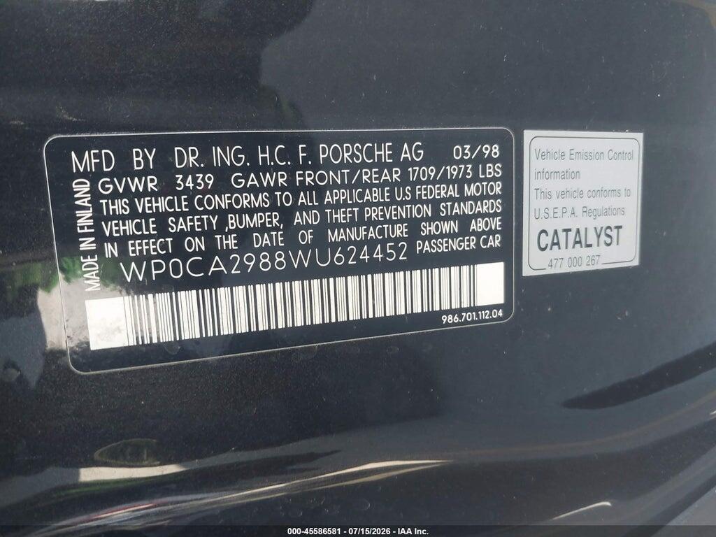 WP0CA2988WU624452 1998 PORSCHE BOXSTER photo no. 9