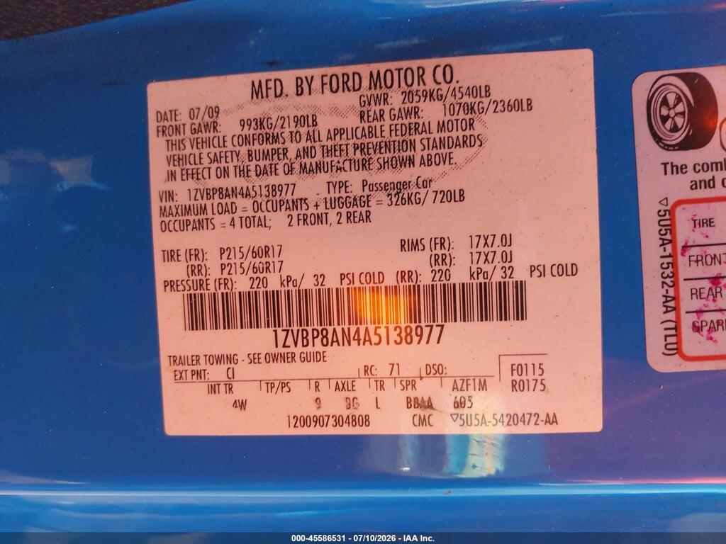 1ZVBP8AN4A5138977 2010 FORD MUSTANG photo no. 9