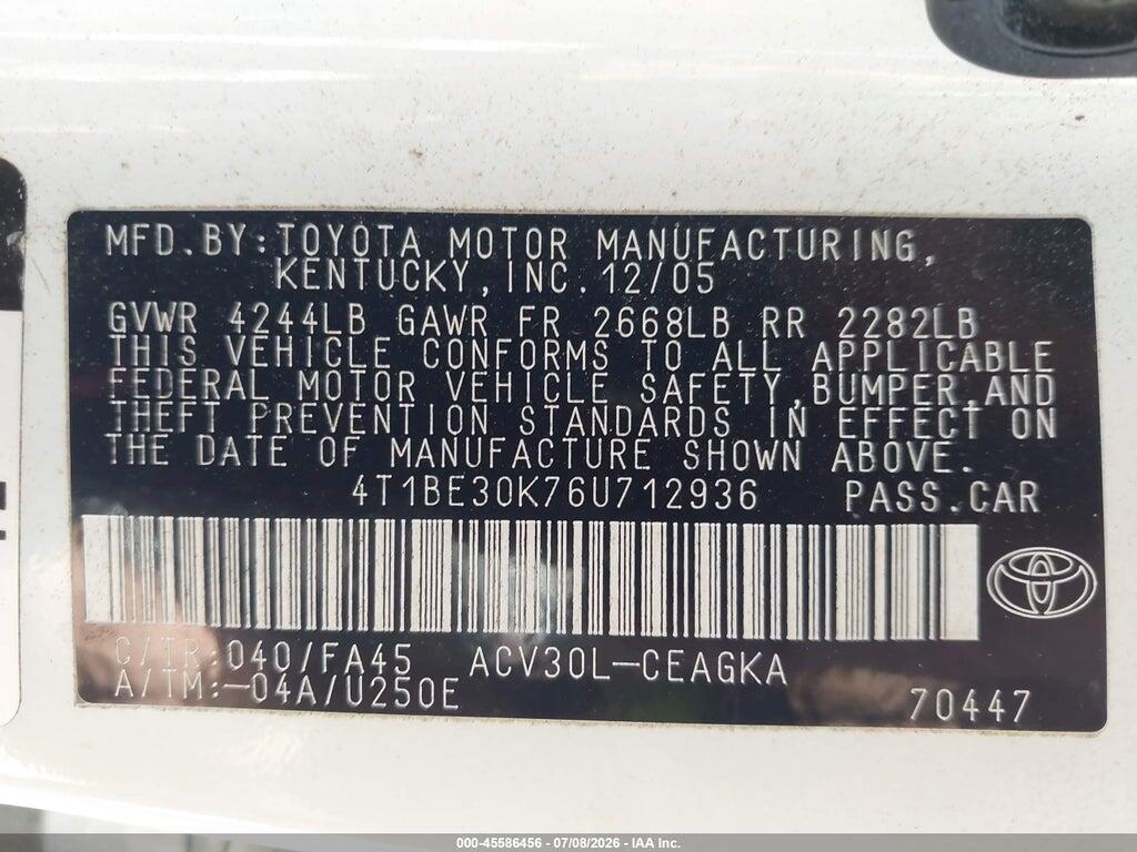 4T1BE30K76U712936 2006 TOYOTA CAMRY photo no. 9