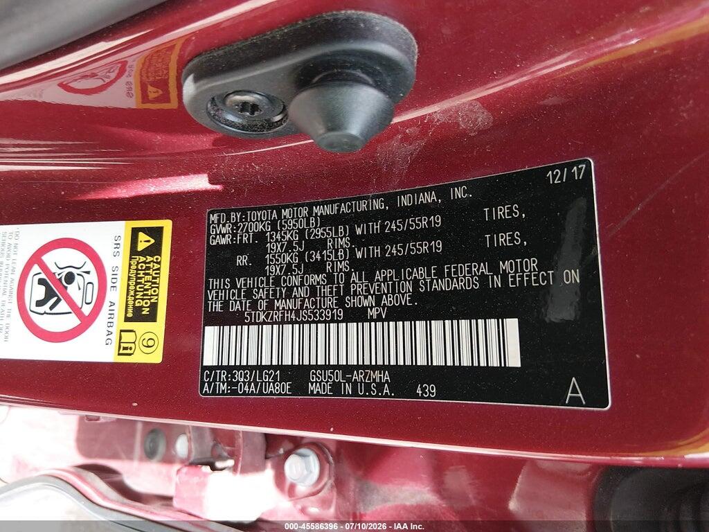 5TDKZRFH4JS533919 2018 TOYOTA HIGHLANDER photo no. 9