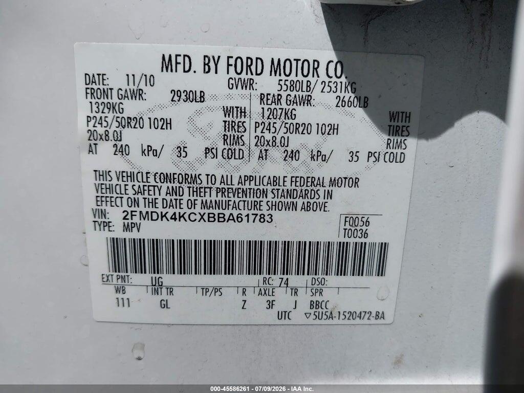 2FMDK4KCXBBA61783 2011 FORD EDGE photo no. 9