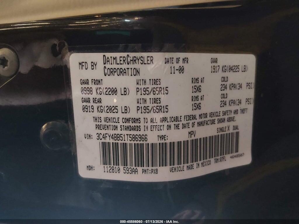 3C4FY4BB51T586966 2001 CHRYSLER PT CRUISER photo no. 9