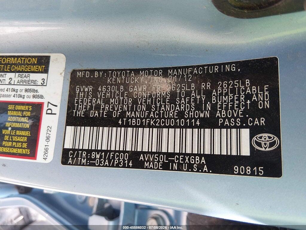 4T1BD1FK2CU010114 2012 TOYOTA CAMRY HYBRID photo no. 9
