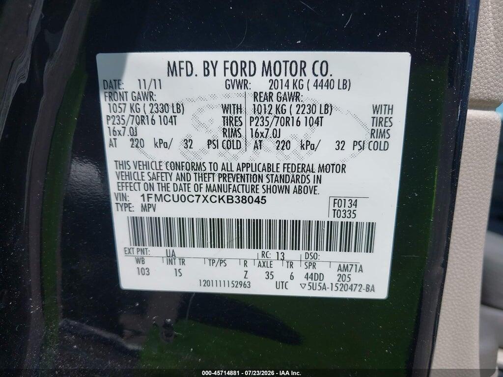 1FMCU0C7XCKB38045 2012 FORD ESCAPE photo no. 9
