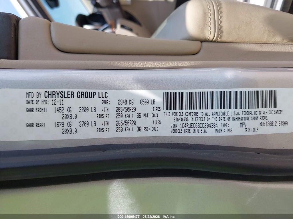 1C4RJECG3CC204384 2012 JEEP GRAND CHEROKEE photo no. 9