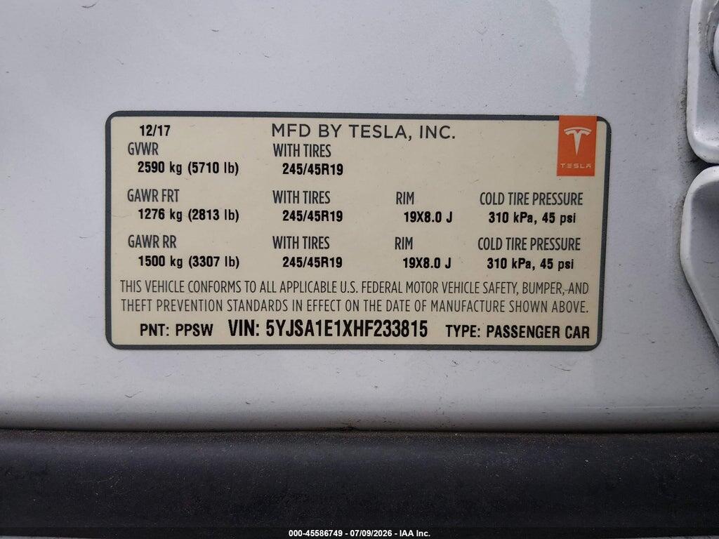 5YJSA1E1XHF233815 2017 TESLA MODEL S photo no. 9