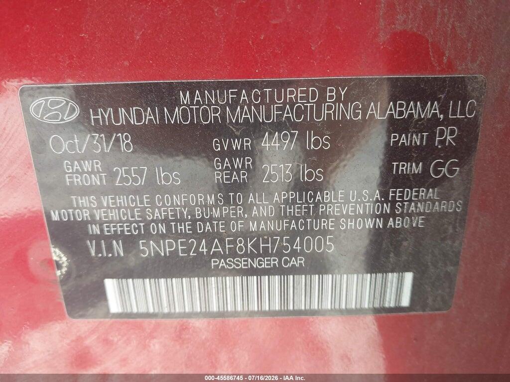 5NPE24AF8KH754005 2019 HYUNDAI SONATA photo no. 9