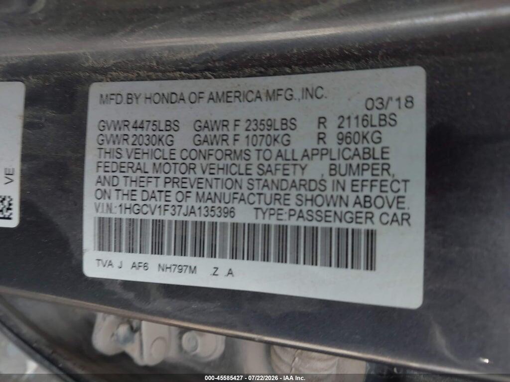 1HGCV1F37JA135396 2018 HONDA ACCORD photo no. 9