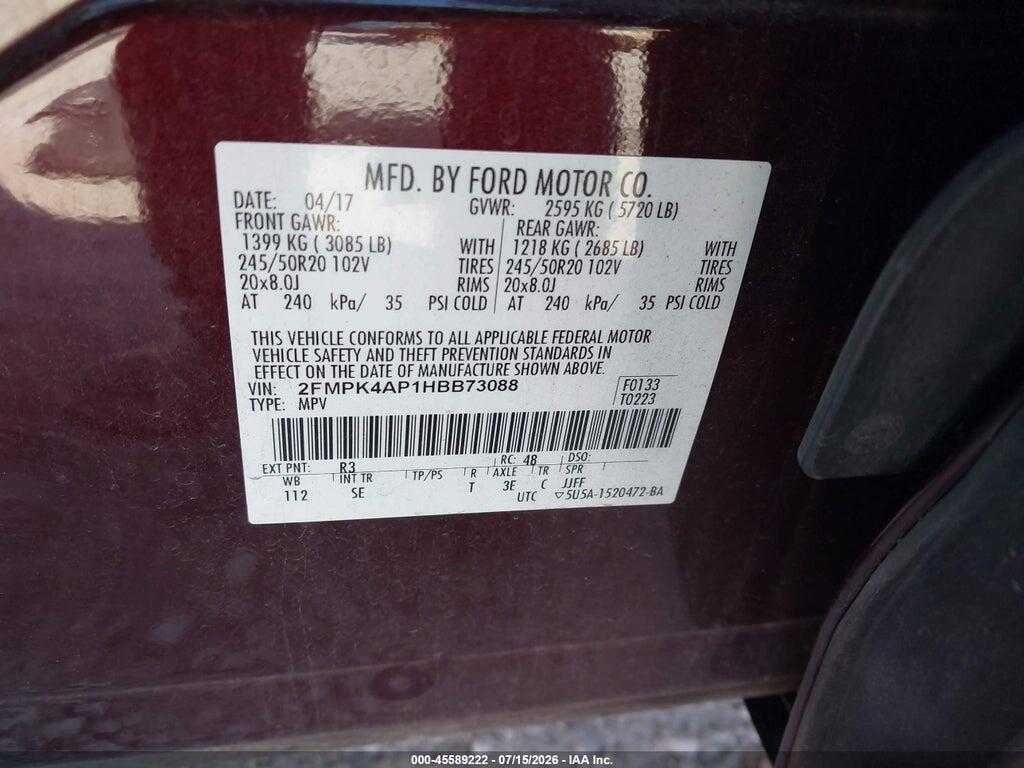 2FMPK4AP1HBB73088 2017 FORD EDGE photo no. 9