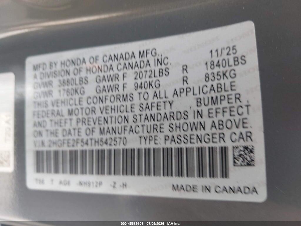 2HGFE2F54TH542570 2026 HONDA CIVIC photo no. 9