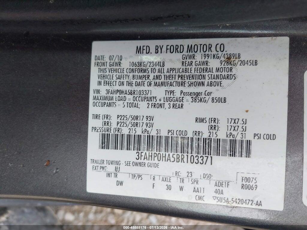 3FAHP0HA5BR103371 2011 FORD FUSION photo no. 9