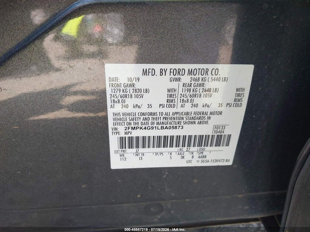 2FMPK4G91LBA05873 2020 FORD EDGE photo no. 9
