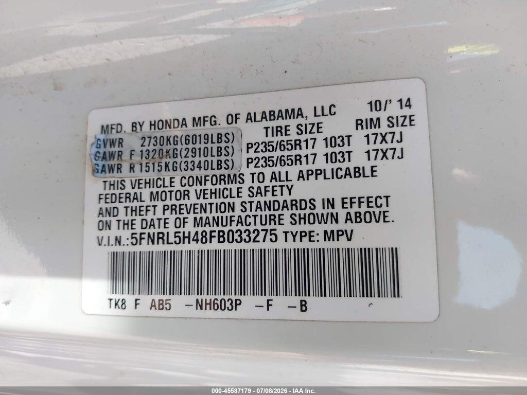 5FNRL5H48FB033275 2015 HONDA ODYSSEY photo no. 9