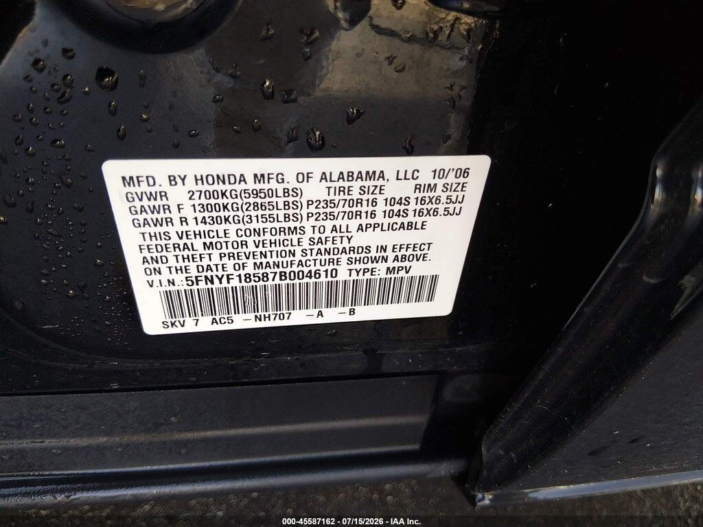5FNYF18587B004610 2007 HONDA PILOT photo no. 9