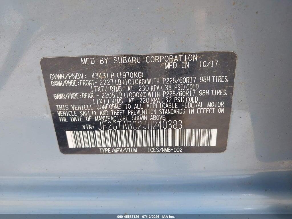 JF2GTABC2JH240383 2018 SUBARU CROSSTREK photo no. 9
