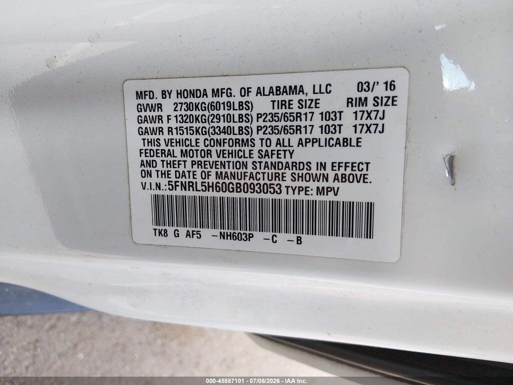5FNRL5H60GB093053 2016 HONDA ODYSSEY photo no. 9