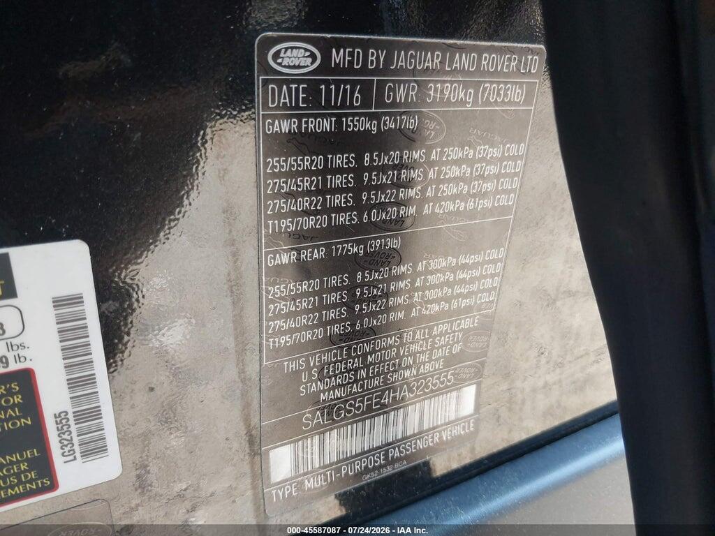 SALGS5FE4HA323555 2017 LAND ROVER RANGE ROVER photo no. 9