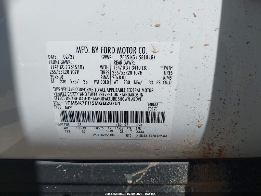 1FMSK7FH5MGB20751 2021 FORD EXPLORER photo no. 9