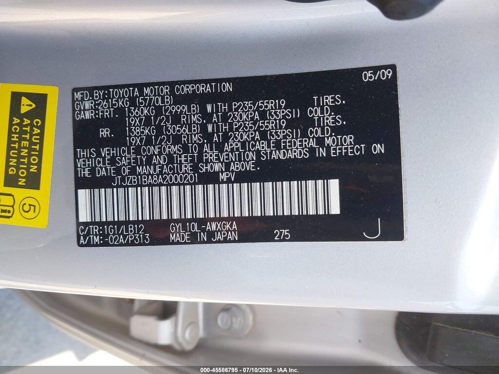 JTJZB1BA8A2000201 2010 LEXUS RX 450H photo no. 9