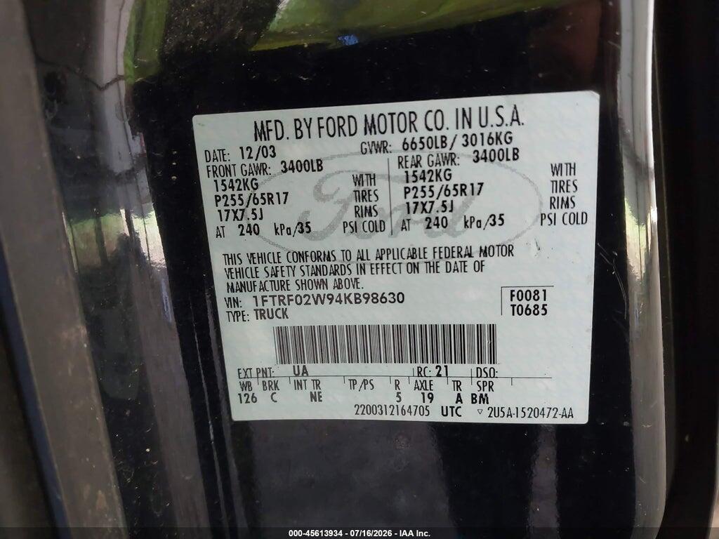 1FTRF02W94KB98630 2004 FORD F-150 photo no. 9