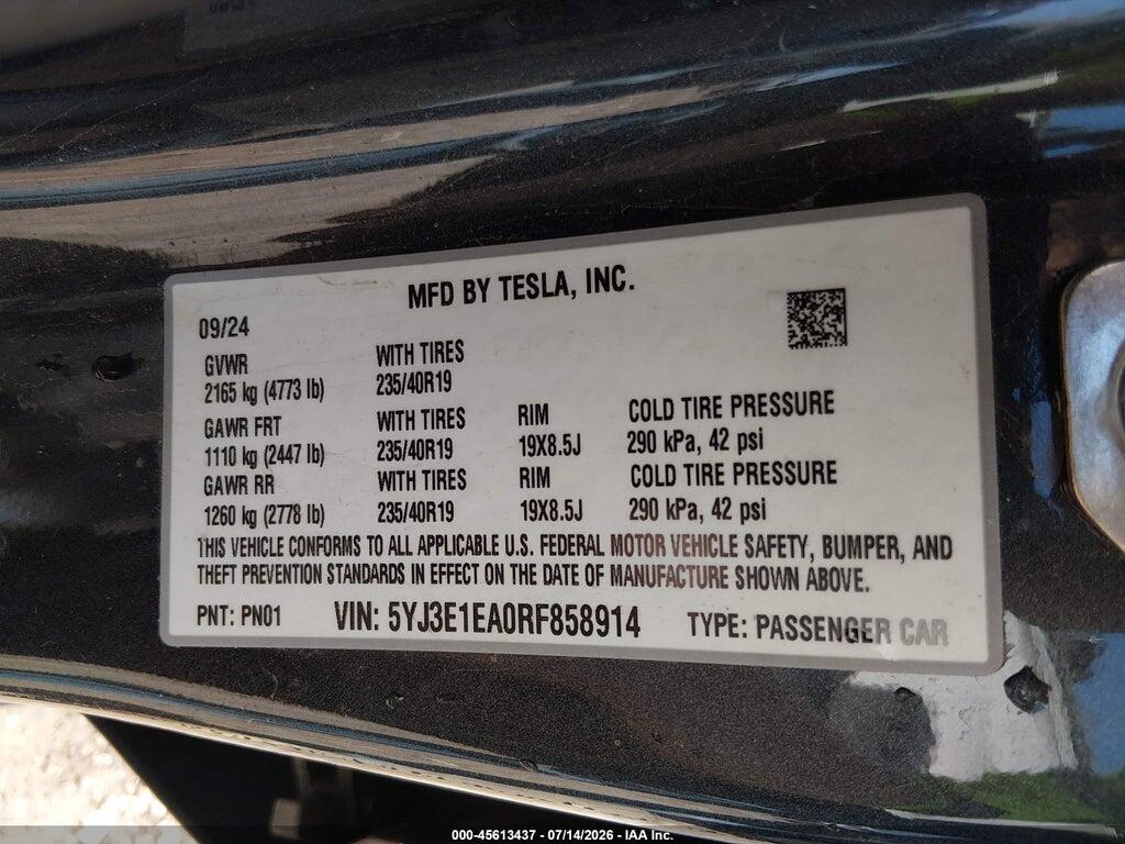 5YJ3E1EA0RF858914 2024 TESLA MODEL 3 photo no. 9