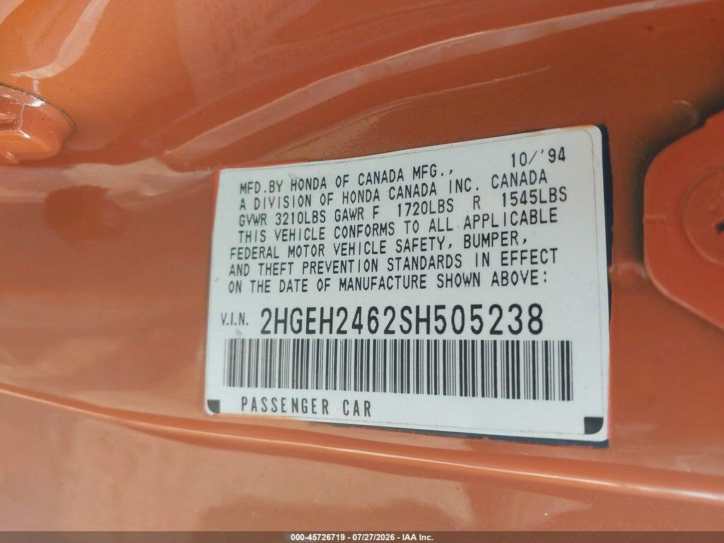 2HGEH2462SH505238 1995 HONDA CIVIC photo no. 9