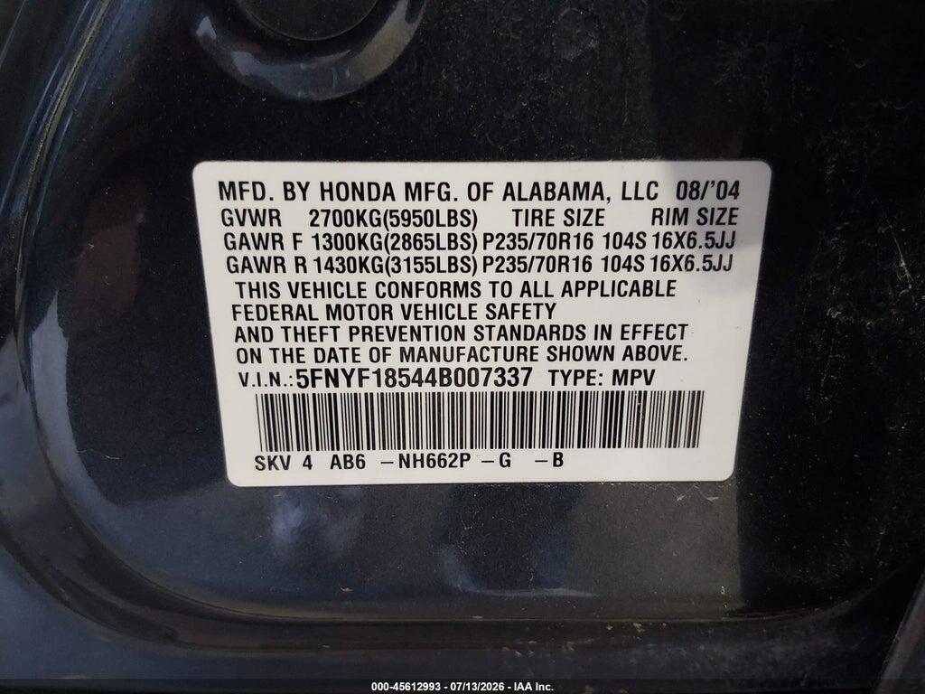 5FNYF18544B007337 2004 HONDA PILOT photo no. 9