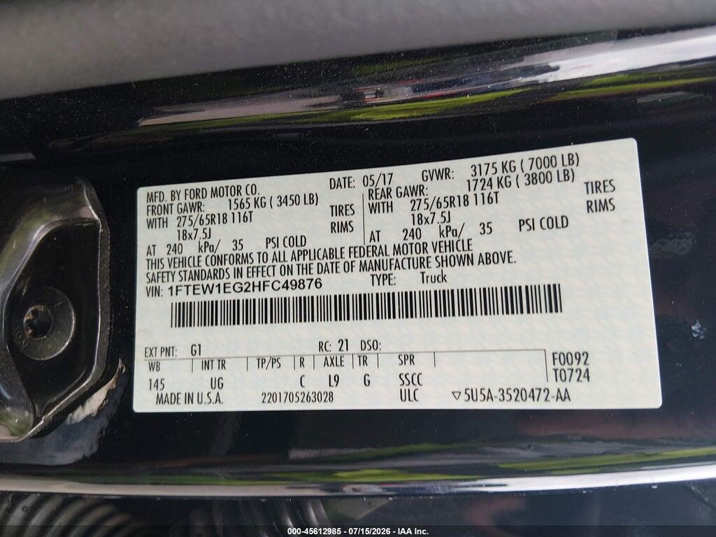 1FTEW1EG2HFC49876 2017 FORD F-150 photo no. 9