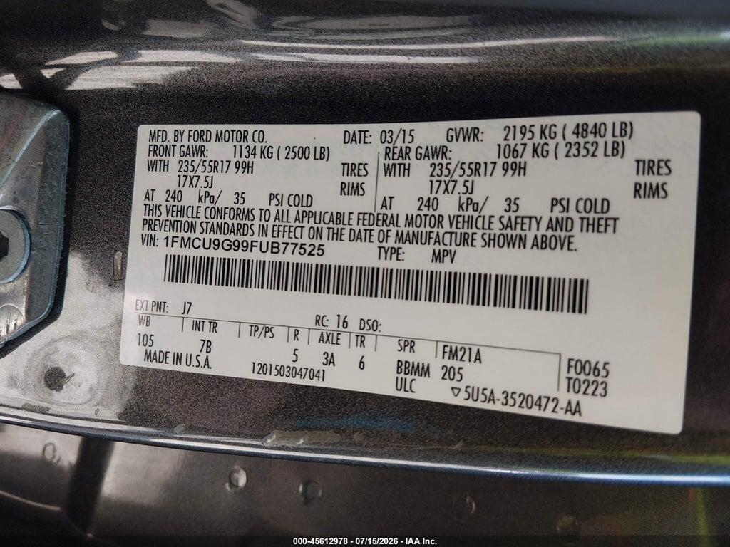 1FMCU9G99FUB77525 2015 FORD ESCAPE photo no. 9