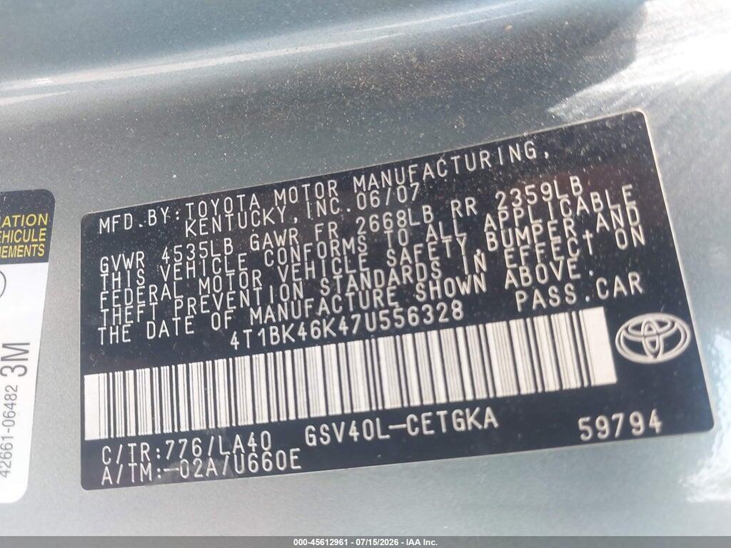 4T1BK46K47U556328 2007 TOYOTA CAMRY photo no. 9