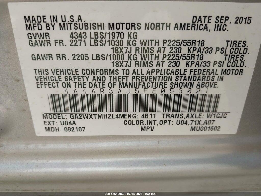 4A4AR3AU5FE053021 2015 MITSUBISHI OUTLANDER SPORT photo no. 9