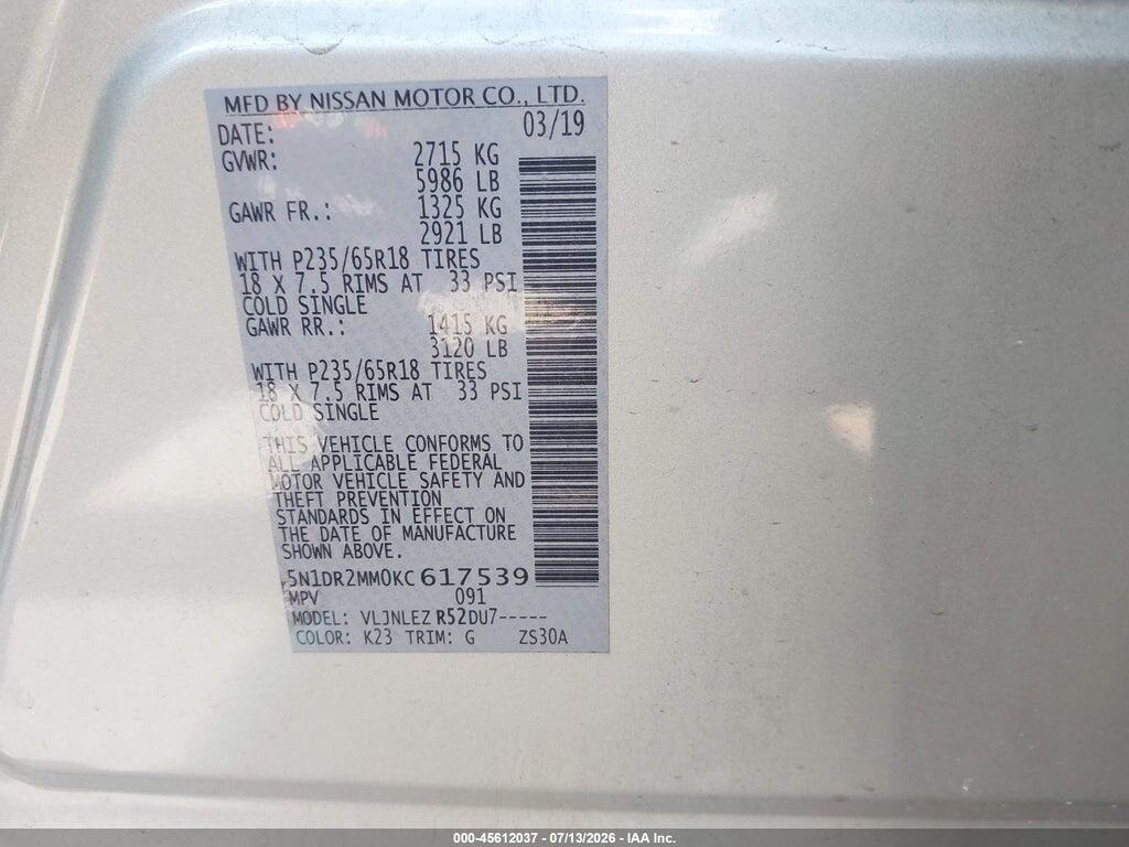 5N1DR2MM0KC617539 2019 NISSAN PATHFINDER photo no. 9