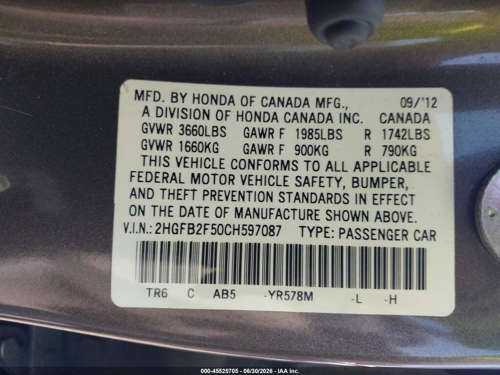 2HGFB2F50CH597087 2012 HONDA CIVIC photo no. 9