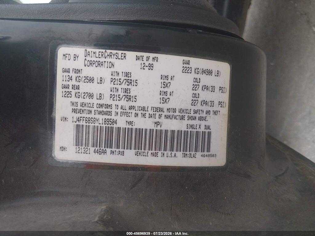 1J4FF68S8YL189504 2000 JEEP CHEROKEE photo no. 9
