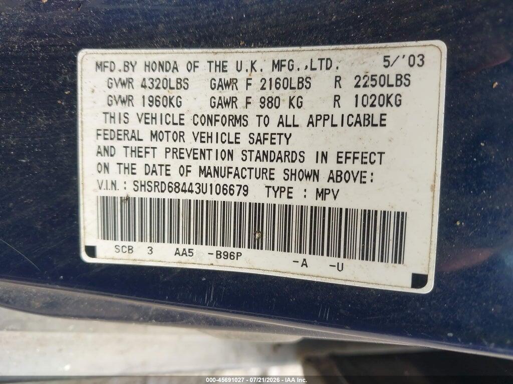 SHSRD68443U106679 2003 HONDA CR-V photo no. 9