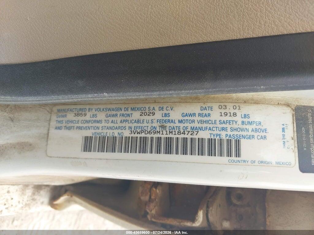 3VWPD69M11M184727 2001 VOLKSWAGEN JETTA photo no. 9