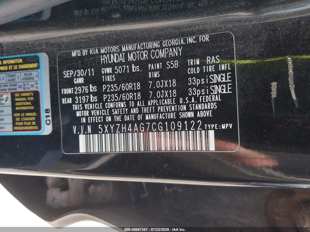 5XYZH4AG7CG109122 2012 HYUNDAI SANTA FE photo no. 9