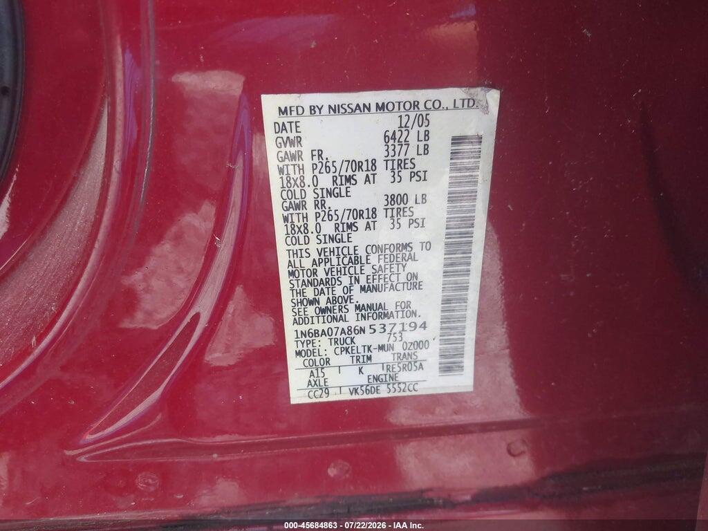 1N6BA07A86N537194 2006 NISSAN TITAN photo no. 9