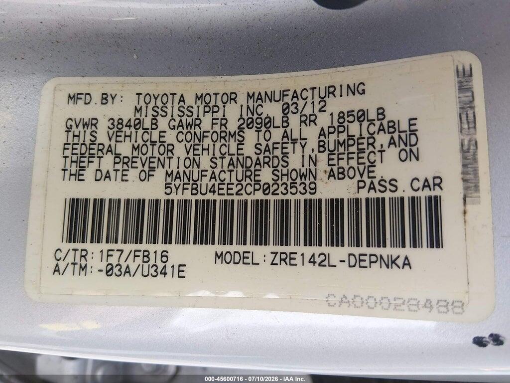 5YFBU4EE2CP023539 2012 TOYOTA COROLLA photo no. 9