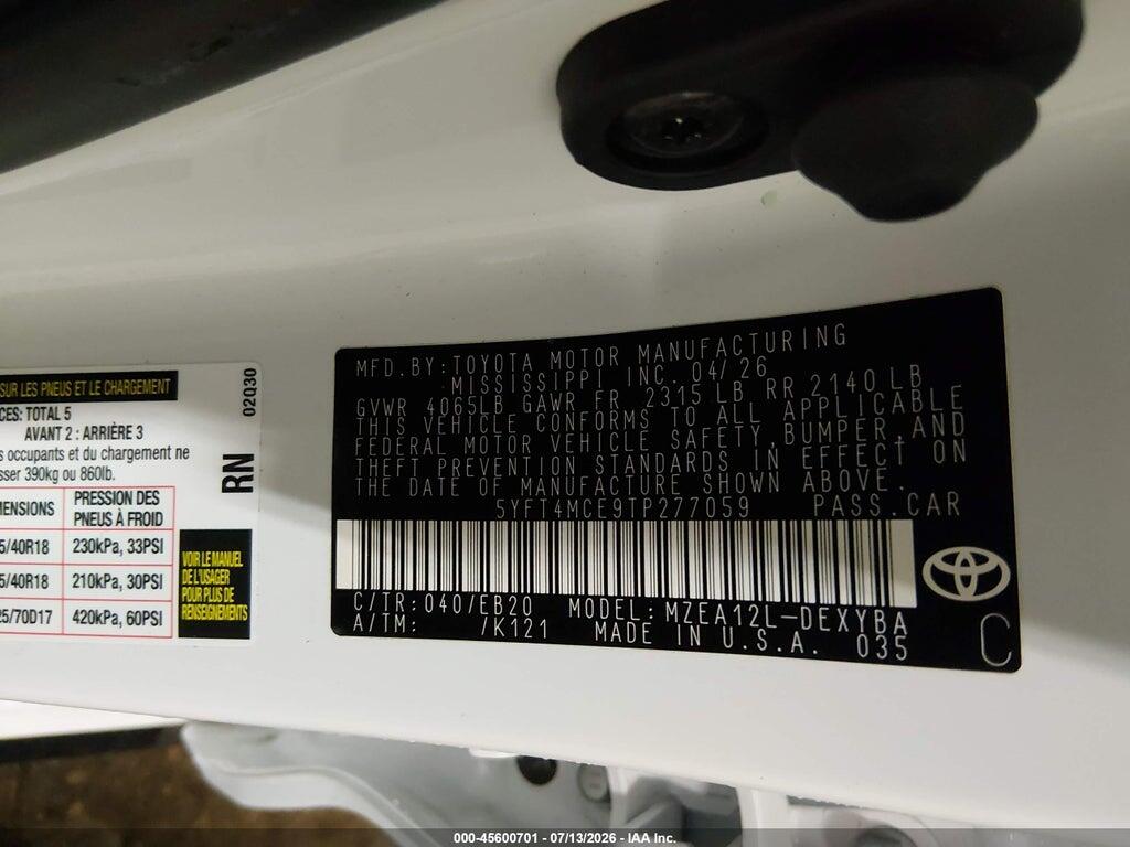 5YFT4MCE9TP277059 2026 TOYOTA COROLLA photo no. 9
