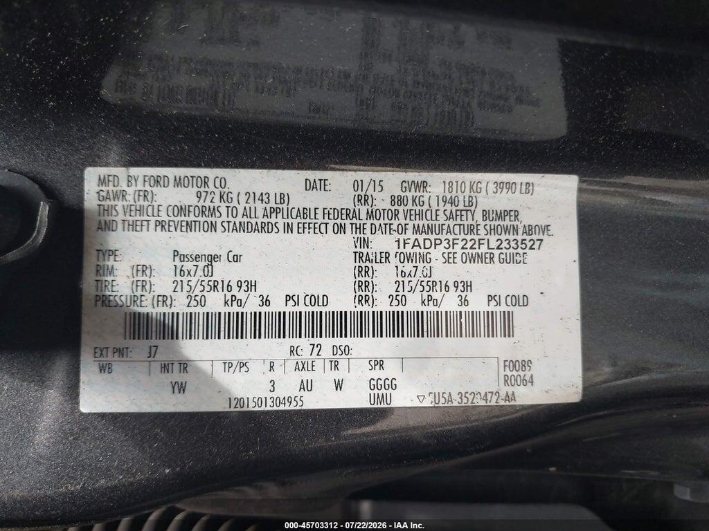1FADP3F22FL233527 2015 FORD FOCUS photo no. 9