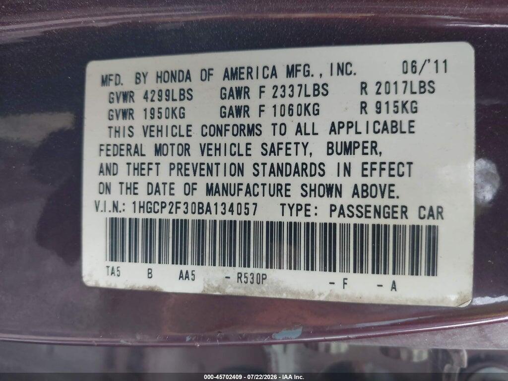 1HGCP2F30BA134057 2011 HONDA ACCORD photo no. 9